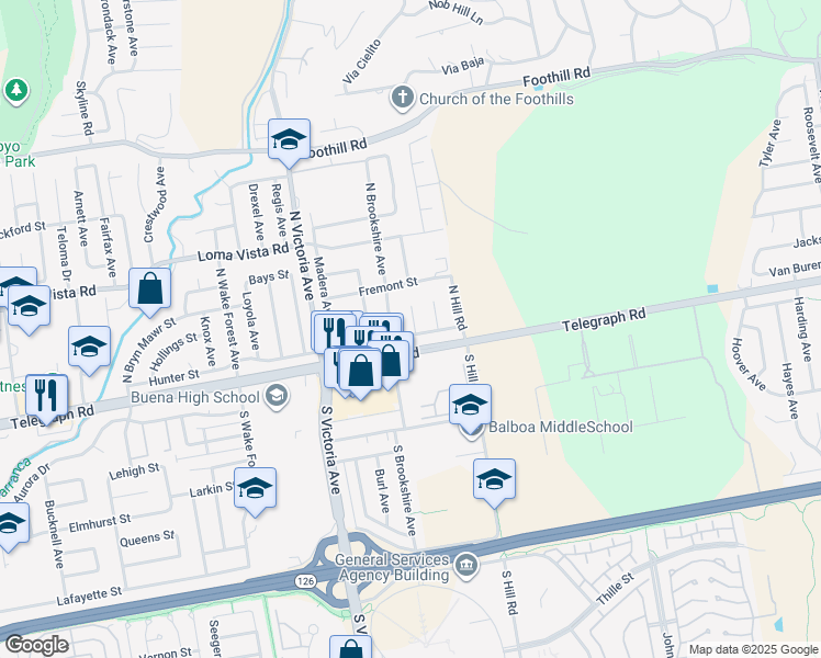 map of restaurants, bars, coffee shops, grocery stores, and more near 48 Yosemite Court in Ventura