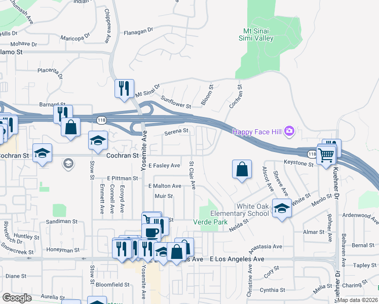 map of restaurants, bars, coffee shops, grocery stores, and more near 5995 Cochran Street in Simi Valley