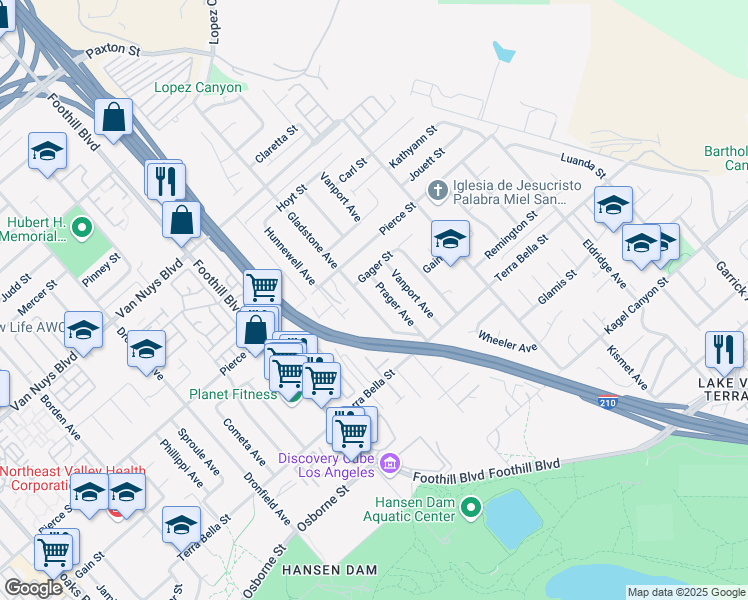 map of restaurants, bars, coffee shops, grocery stores, and more near 11500 Gladstone Avenue in Los Angeles