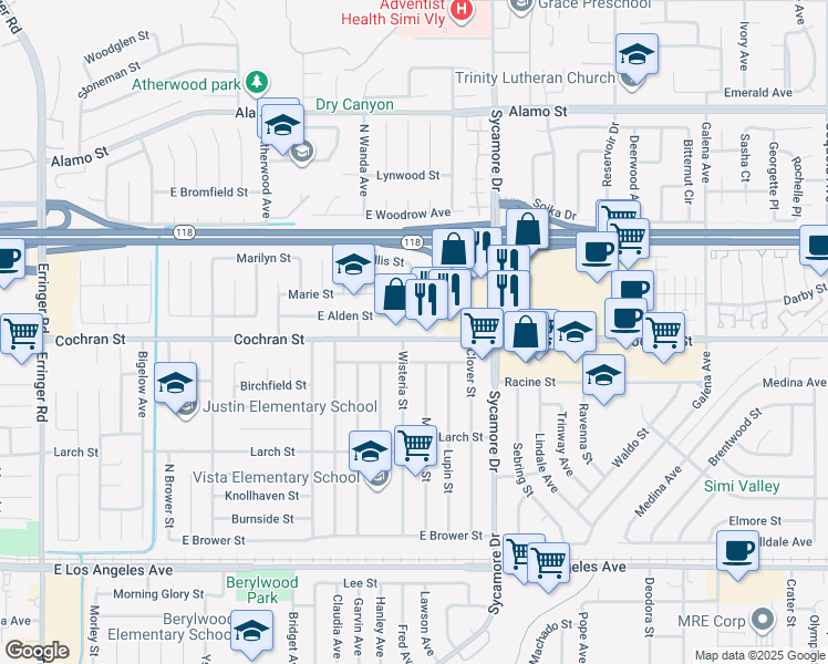 map of restaurants, bars, coffee shops, grocery stores, and more near 2559 Cochran Street in Simi Valley