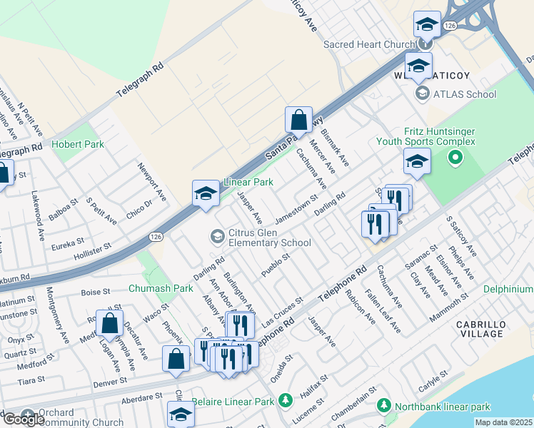 map of restaurants, bars, coffee shops, grocery stores, and more near 727 Westfield Court in Ventura