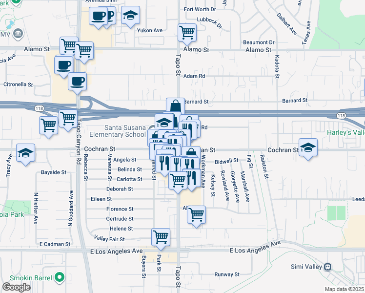 map of restaurants, bars, coffee shops, grocery stores, and more near 2450 Tapo Street in Simi Valley