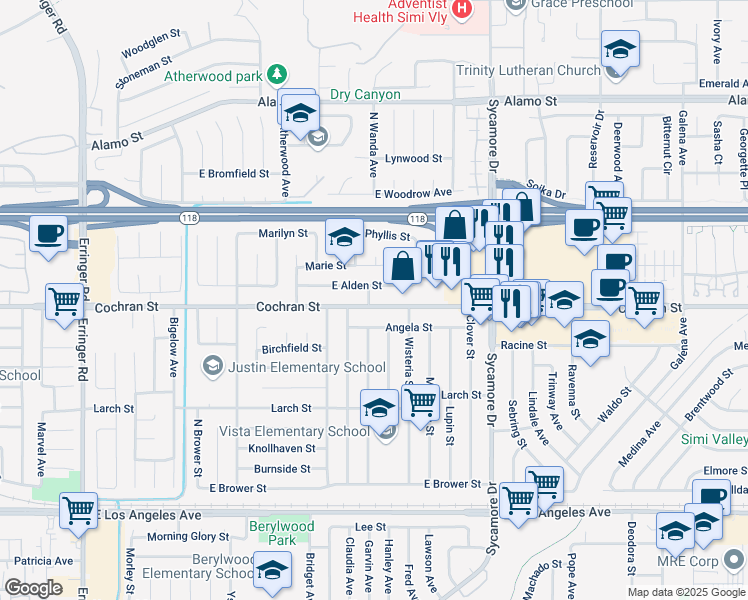 map of restaurants, bars, coffee shops, grocery stores, and more near 2456 East Alden Street in Simi Valley