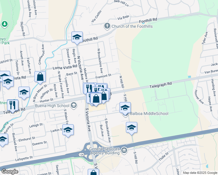 map of restaurants, bars, coffee shops, grocery stores, and more near 6237 Hunter Street in Ventura