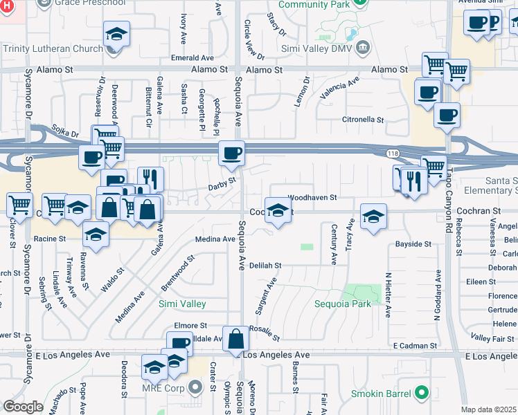 map of restaurants, bars, coffee shops, grocery stores, and more near 3460 Lockwood Court in Simi Valley