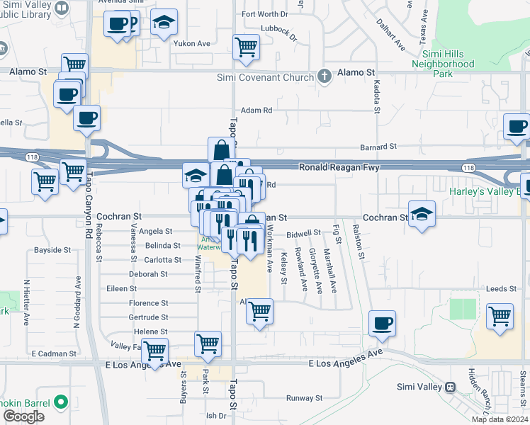 map of restaurants, bars, coffee shops, grocery stores, and more near 4483 Cochran Street in Simi Valley