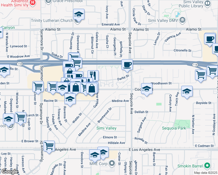 map of restaurants, bars, coffee shops, grocery stores, and more near 3228 Darby Street in Simi Valley