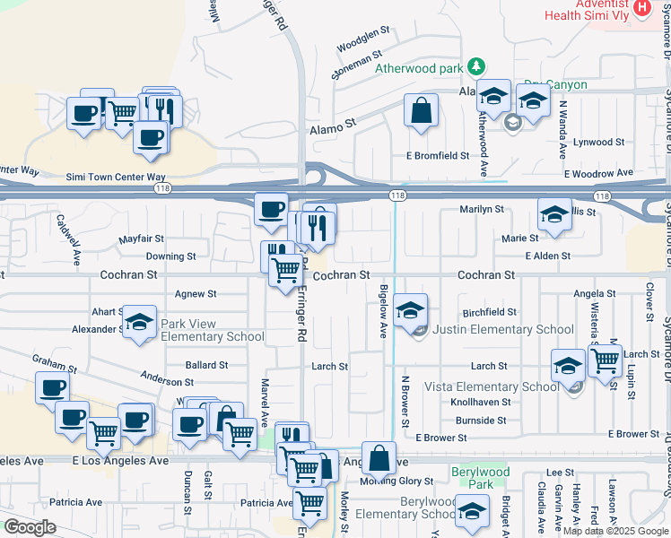 map of restaurants, bars, coffee shops, grocery stores, and more near 2462 Orangewood Place in Simi Valley