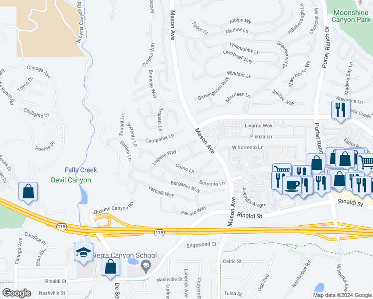 map of restaurants, bars, coffee shops, grocery stores, and more near 20630 Lugano Way in Los Angeles