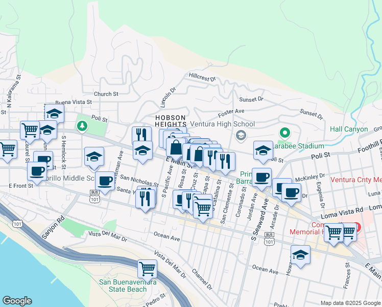 map of restaurants, bars, coffee shops, grocery stores, and more near 64 North Santa Rosa Street in Ventura
