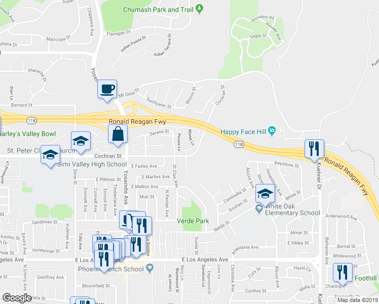 map of restaurants, bars, coffee shops, grocery stores, and more near 6058 Nevelson Lane in Simi Valley
