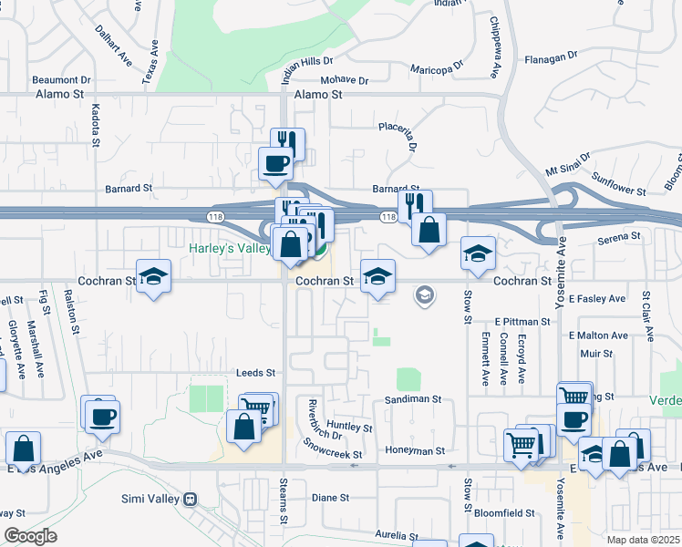 map of restaurants, bars, coffee shops, grocery stores, and more near 5333 Cochran Street in Simi Valley