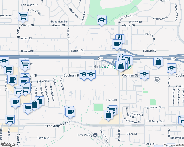 map of restaurants, bars, coffee shops, grocery stores, and more near 4989 Cochran Street in Simi Valley