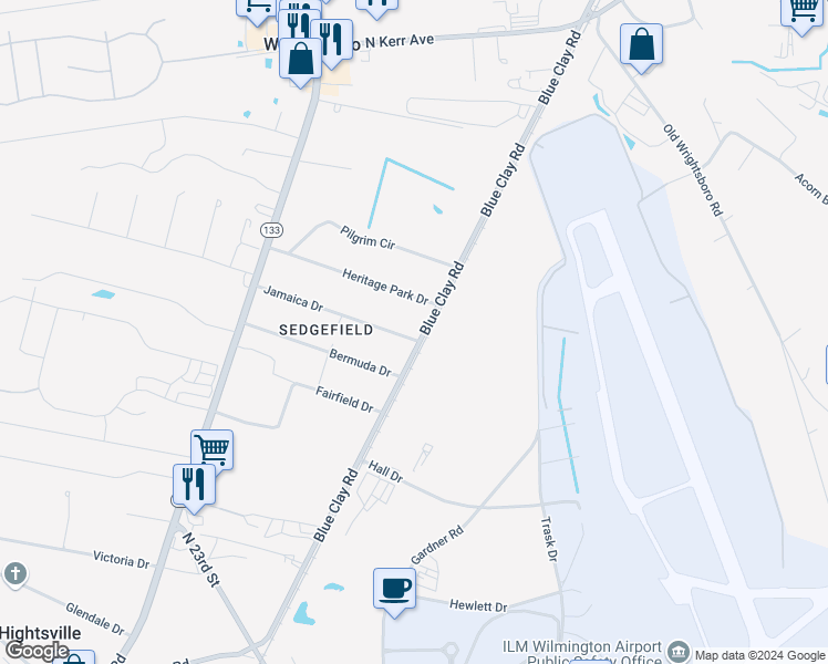 map of restaurants, bars, coffee shops, grocery stores, and more near 233 Jamaica Drive in Wilmington