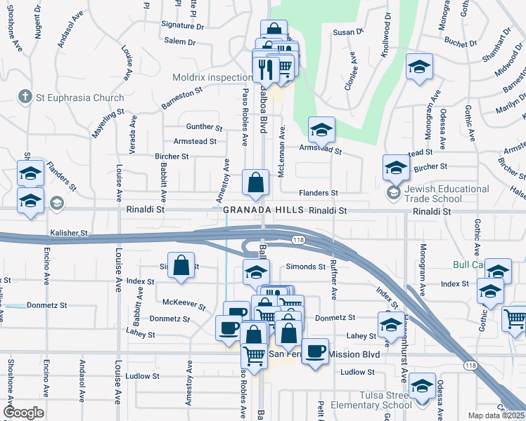 map of restaurants, bars, coffee shops, grocery stores, and more near Balboa Blvd & Rinaldi St in Los Angeles