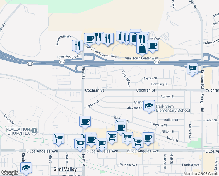 map of restaurants, bars, coffee shops, grocery stores, and more near 2412 Chandler Avenue in Simi Valley