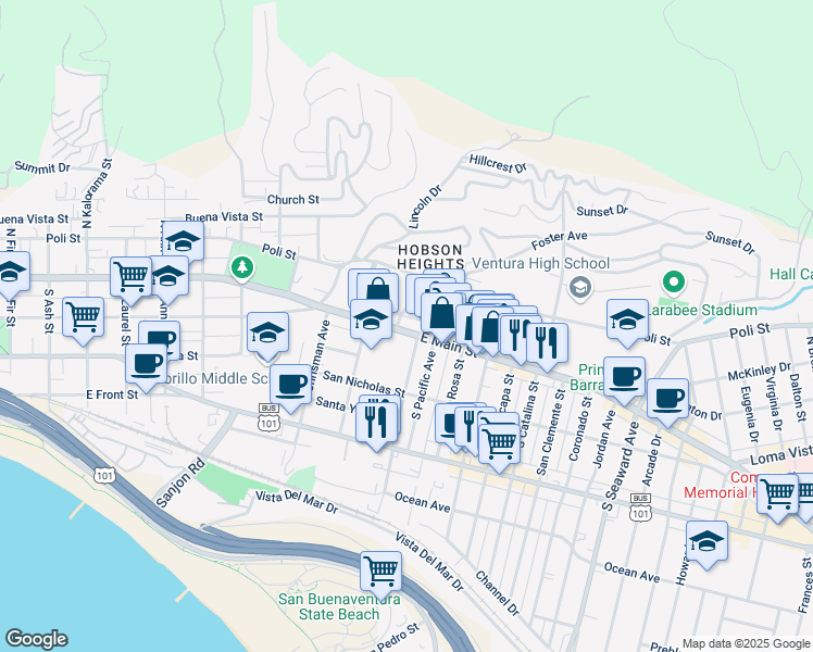 map of restaurants, bars, coffee shops, grocery stores, and more near 1729 East Main Street in Ventura