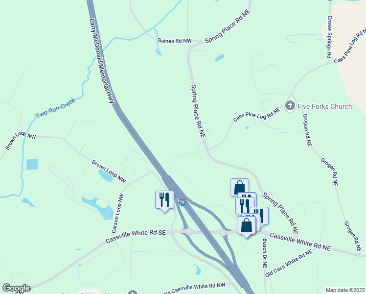 map of restaurants, bars, coffee shops, grocery stores, and more near 101 Cass Pine Log Road Northeast in Cartersville