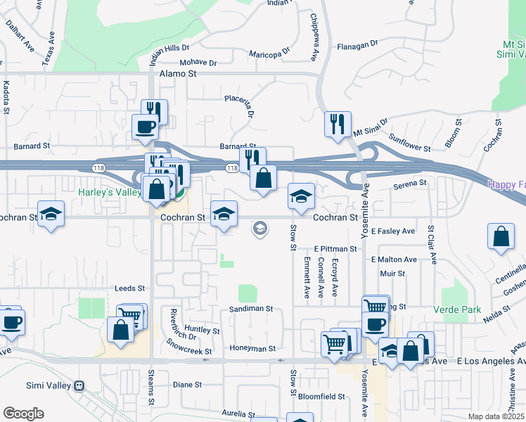 map of restaurants, bars, coffee shops, grocery stores, and more near 5521 Cochran Street in Simi Valley