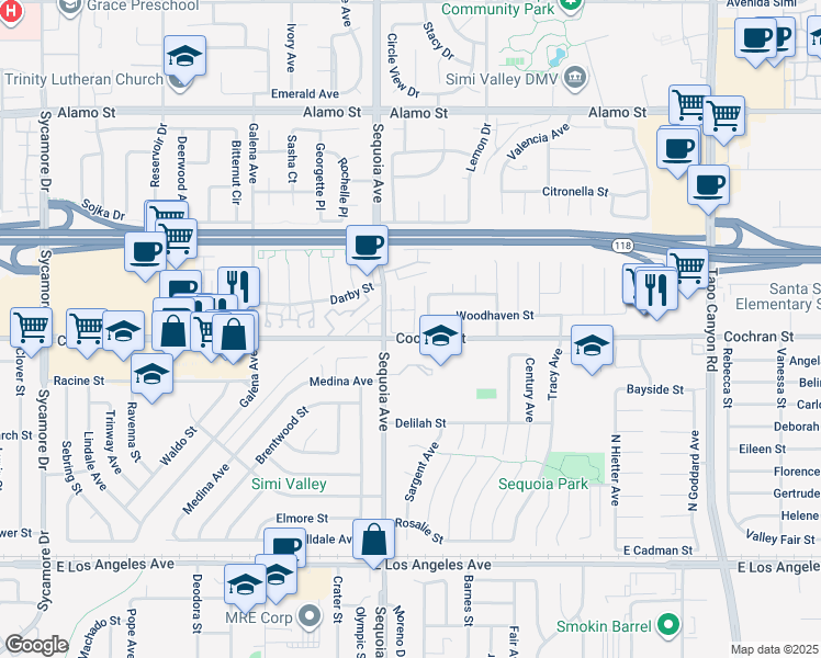 map of restaurants, bars, coffee shops, grocery stores, and more near 3476 Lockwood Court in Simi Valley