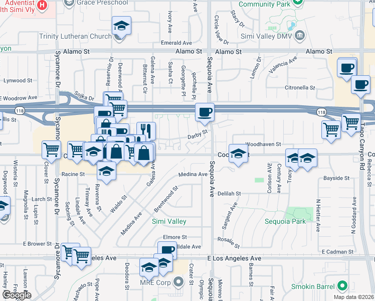 map of restaurants, bars, coffee shops, grocery stores, and more near 3318 Darby Street in Simi Valley