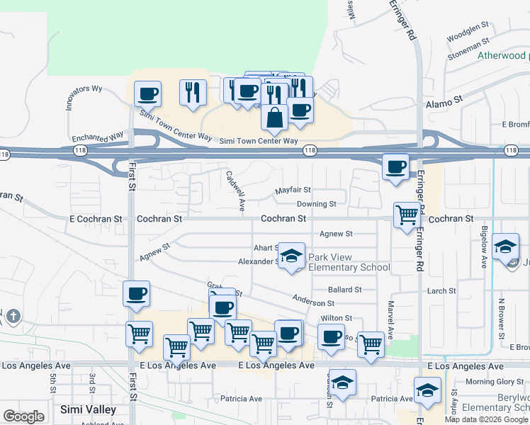 map of restaurants, bars, coffee shops, grocery stores, and more near 2433 Pocomoke Court in Simi Valley