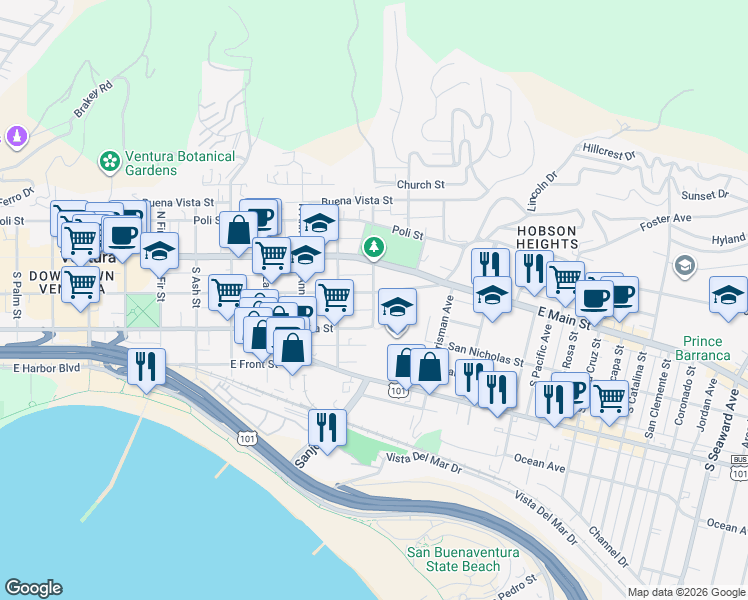map of restaurants, bars, coffee shops, grocery stores, and more near 1268 East Santa Clara Street in Ventura