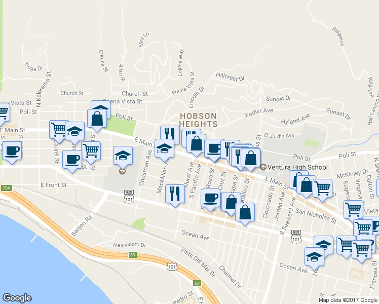 map of restaurants, bars, coffee shops, grocery stores, and more near 1723 East Main Street in Ventura