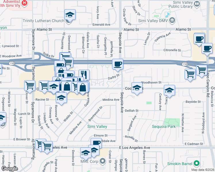 map of restaurants, bars, coffee shops, grocery stores, and more near 3306 Darby Street in Simi Valley