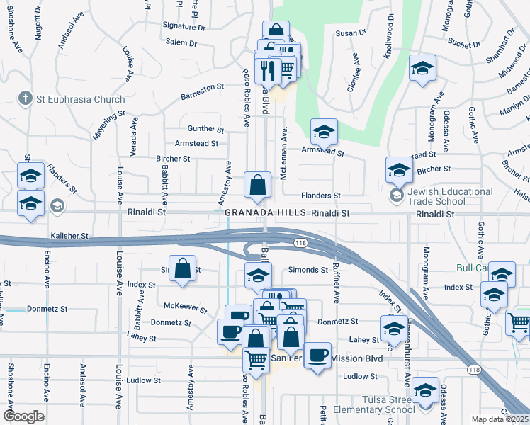 map of restaurants, bars, coffee shops, grocery stores, and more near 15735 Index Street in Los Angeles