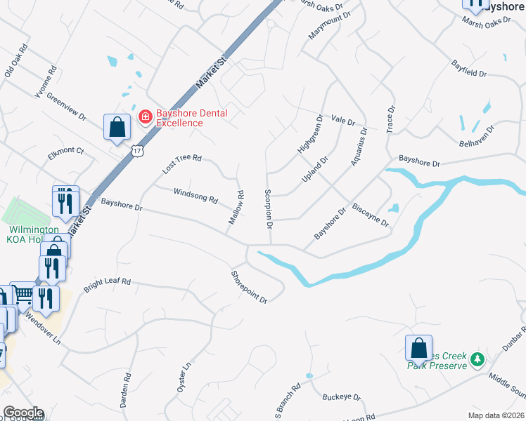 map of restaurants, bars, coffee shops, grocery stores, and more near 705 Scorpion Drive in Wilmington