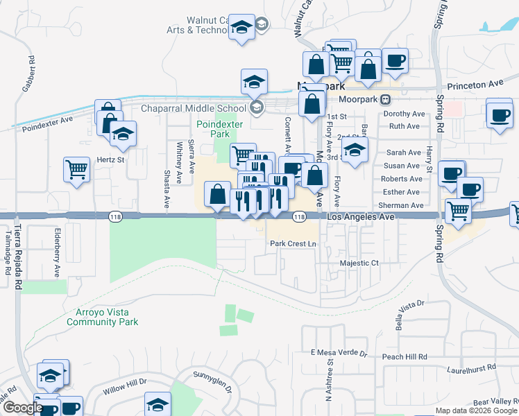map of restaurants, bars, coffee shops, grocery stores, and more near 30 Park Lane in Moorpark
