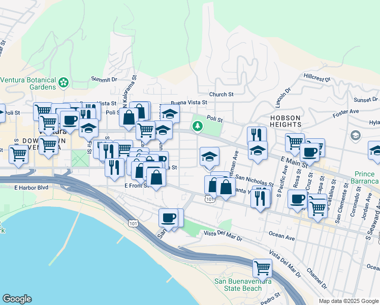 map of restaurants, bars, coffee shops, grocery stores, and more near 1268 East Santa Clara Street in Ventura
