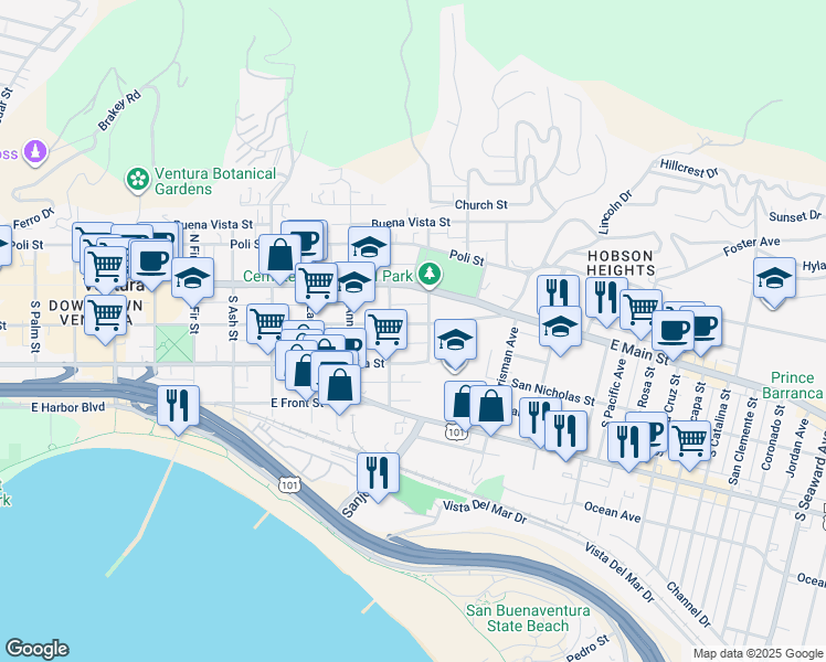 map of restaurants, bars, coffee shops, grocery stores, and more near 1268 East Santa Clara Street in Ventura