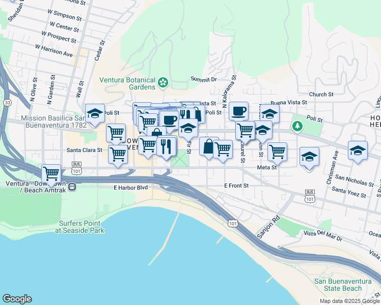 map of restaurants, bars, coffee shops, grocery stores, and more near 100 South Fir Street in Ventura
