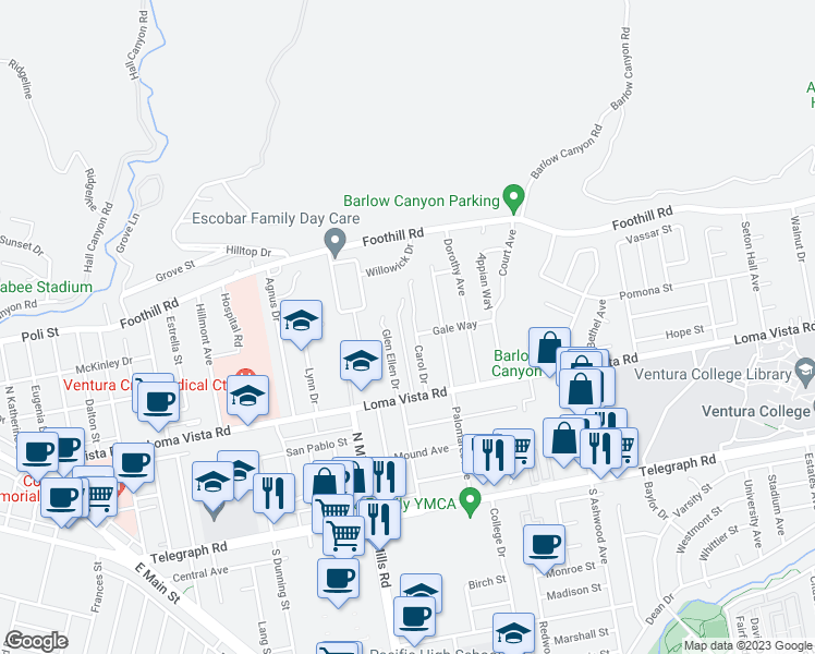 map of restaurants, bars, coffee shops, grocery stores, and more near 317 Carol Drive in Ventura
