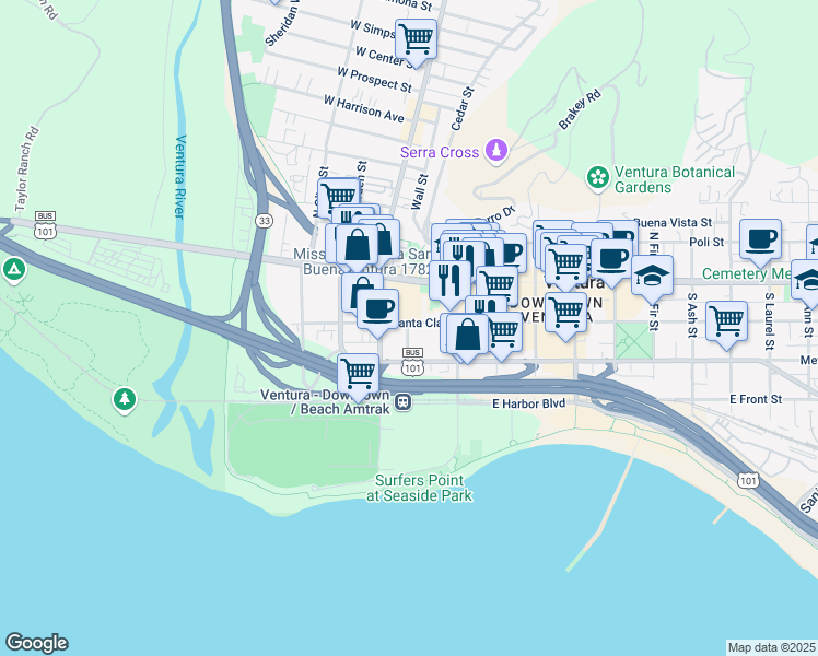 map of restaurants, bars, coffee shops, grocery stores, and more near 425 Junipero Street in Ventura