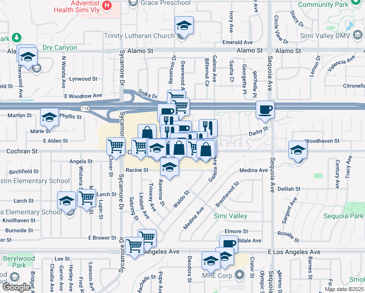 map of restaurants, bars, coffee shops, grocery stores, and more near 2991 Cochran Street in Simi Valley