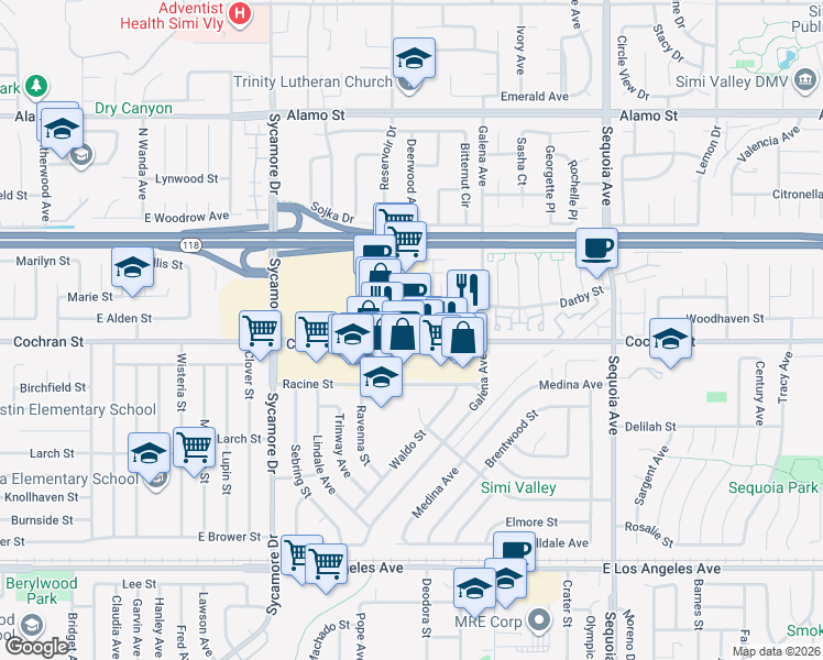 map of restaurants, bars, coffee shops, grocery stores, and more near 2991 Cochran Street in Simi Valley