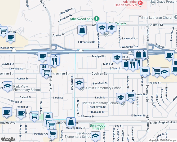 map of restaurants, bars, coffee shops, grocery stores, and more near 2410 North Justin Avenue in Simi Valley
