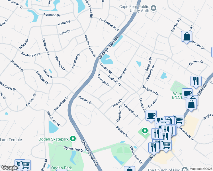 map of restaurants, bars, coffee shops, grocery stores, and more near 515 Montego Court in Wilmington