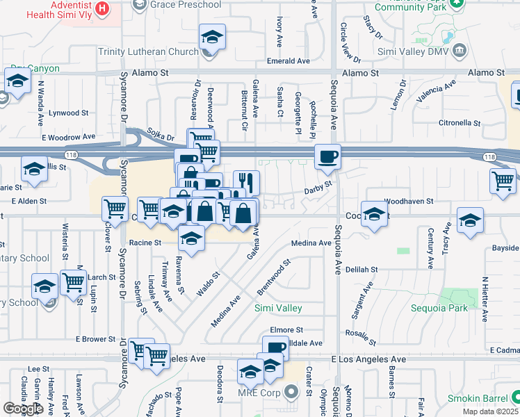 map of restaurants, bars, coffee shops, grocery stores, and more near 3168 Darby Street in Simi Valley