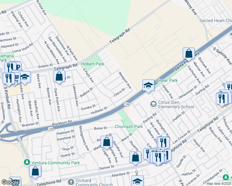 map of restaurants, bars, coffee shops, grocery stores, and more near 334 El Monte Avenue in Ventura