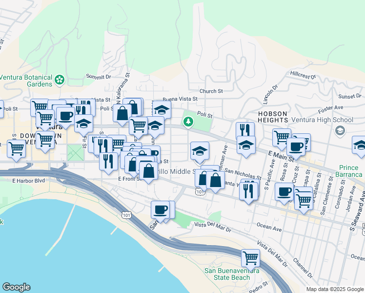 map of restaurants, bars, coffee shops, grocery stores, and more near 1268 East Santa Clara Street in Ventura