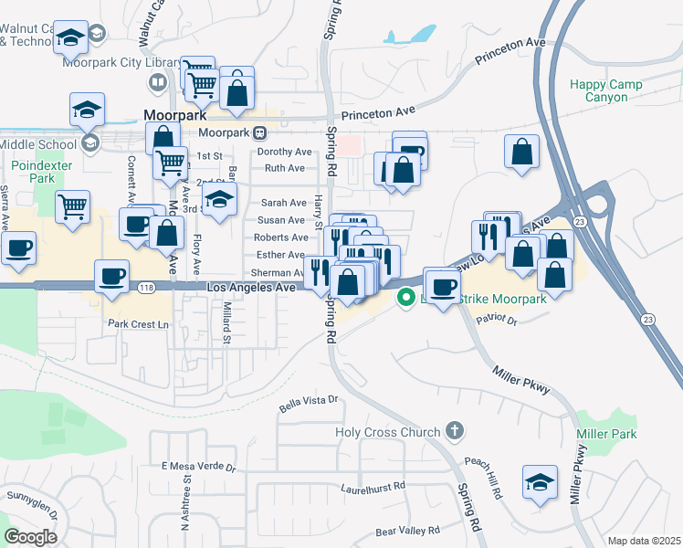 map of restaurants, bars, coffee shops, grocery stores, and more near 549 New Los Angeles Avenue in Moorpark