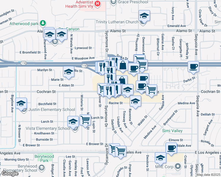 map of restaurants, bars, coffee shops, grocery stores, and more near 2410 Sycamore Drive in Simi Valley