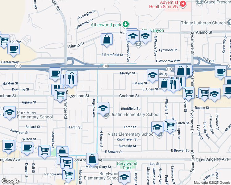 map of restaurants, bars, coffee shops, grocery stores, and more near 2410 North Justin Avenue in Simi Valley