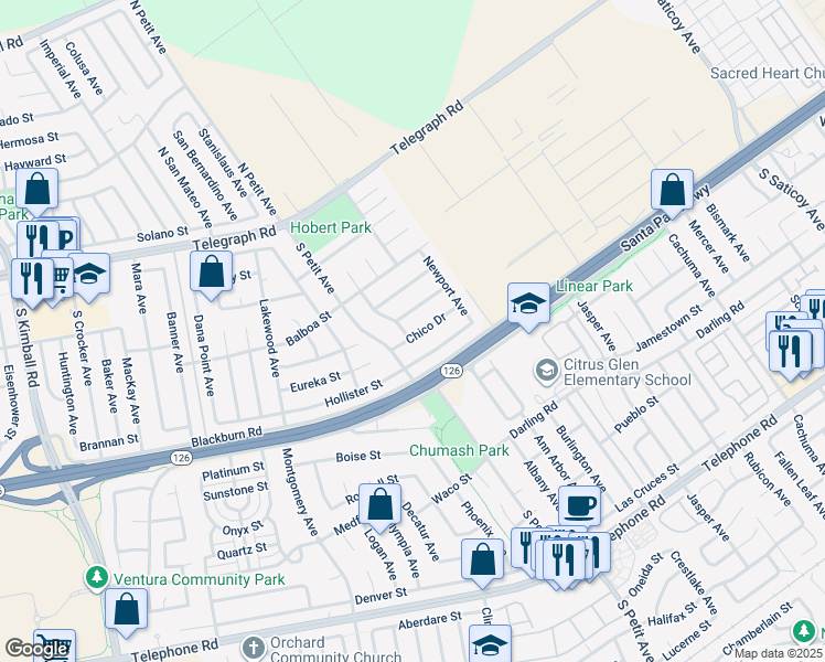 map of restaurants, bars, coffee shops, grocery stores, and more near 334 El Monte Avenue in Ventura