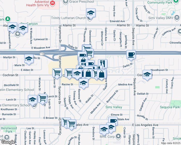 map of restaurants, bars, coffee shops, grocery stores, and more near 2991 Cochran St in Simi Valley