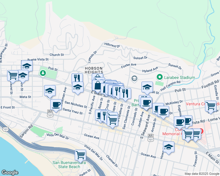 map of restaurants, bars, coffee shops, grocery stores, and more near 95 North Santa Cruz Street in Ventura